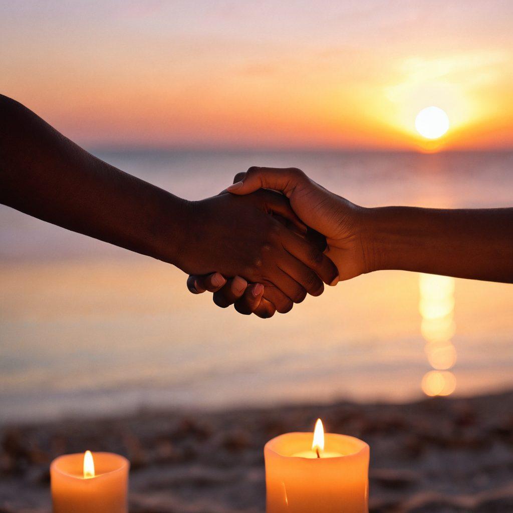 A close-up of two hands gently intertwining, with soft, warm light creating a magical aura around them. In the background, silhouettes of a romantic setting like an intimate candlelit dinner or a serene sunset by the beach, evoking feelings of love and passion. The colors should merge softly into one another, offering a dreamy quality. super-realistic. warm tones. soft focus.