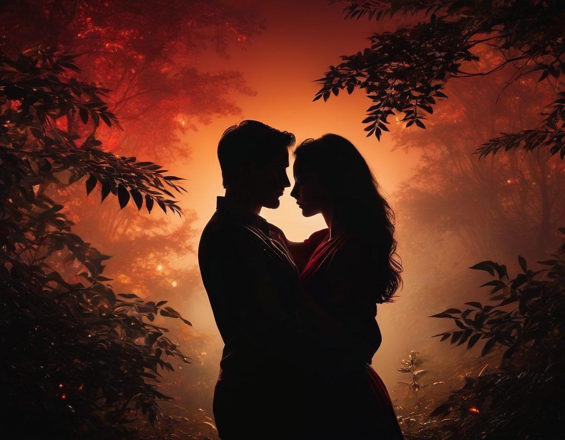 A romantic silhouette of a couple embracing under a moonlit sky, their skin tones elegantly contrasted against a backdrop of lush, dark foliage. The scene exudes warmth and intimacy, with soft glowing lights twinkling around them, symbolizing desire and passion. Slices of vibrant red and gold in the scene highlight the theme of romance. The atmosphere should feel dreamy and inviting. super-realistic. vibrant colors. soft focus.