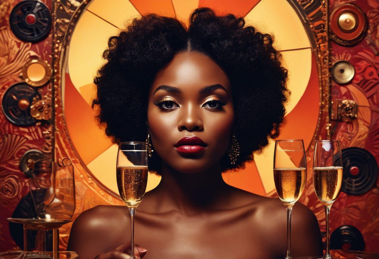 A dynamic montage depicting the essence of Black adult cinema, featuring silken shadows, intimate settings, and expressive faces that capture passion and allure. Include film reels interwoven with vibrant Afrocentric patterns, champagne flutes, and soft lighting to evoke a sense of celebration and exploration of sexuality. Art should reflect a modern yet nostalgic feel, inviting curiosity and appreciation. vibrant colors. artistic collage. cinematic style.